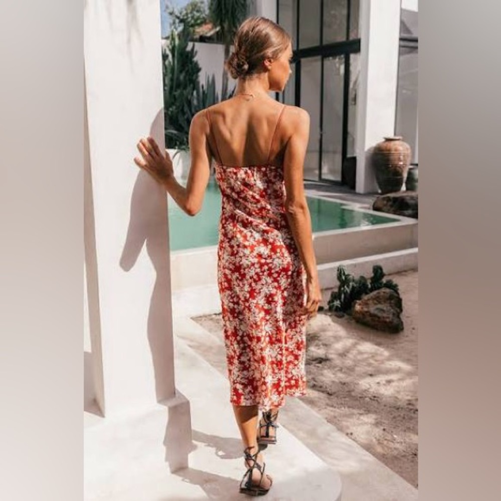 Spaghetti Strap Red Floral Midi Dress - Picture 2 of 5